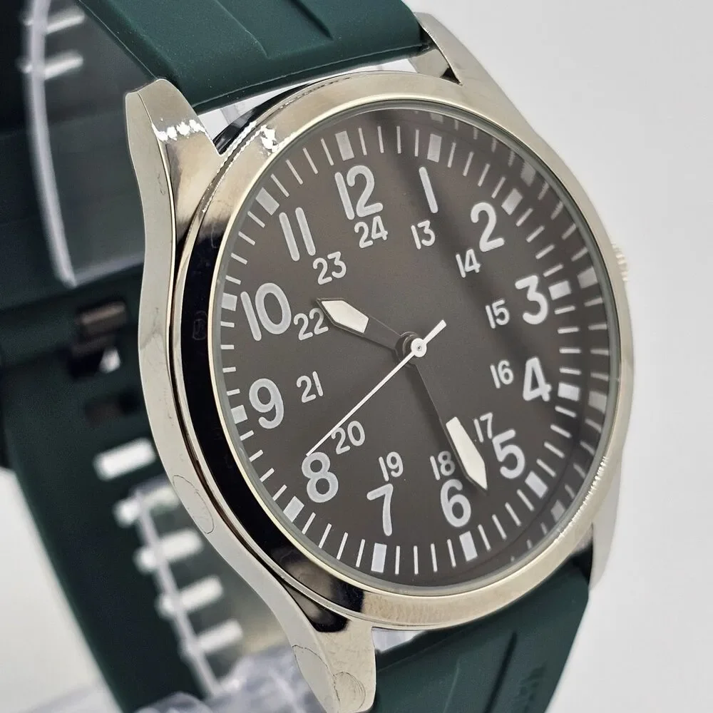 Men's Field Watch 42MM Gray Case Black Dial Dark‎ Green Plastic Band Straps